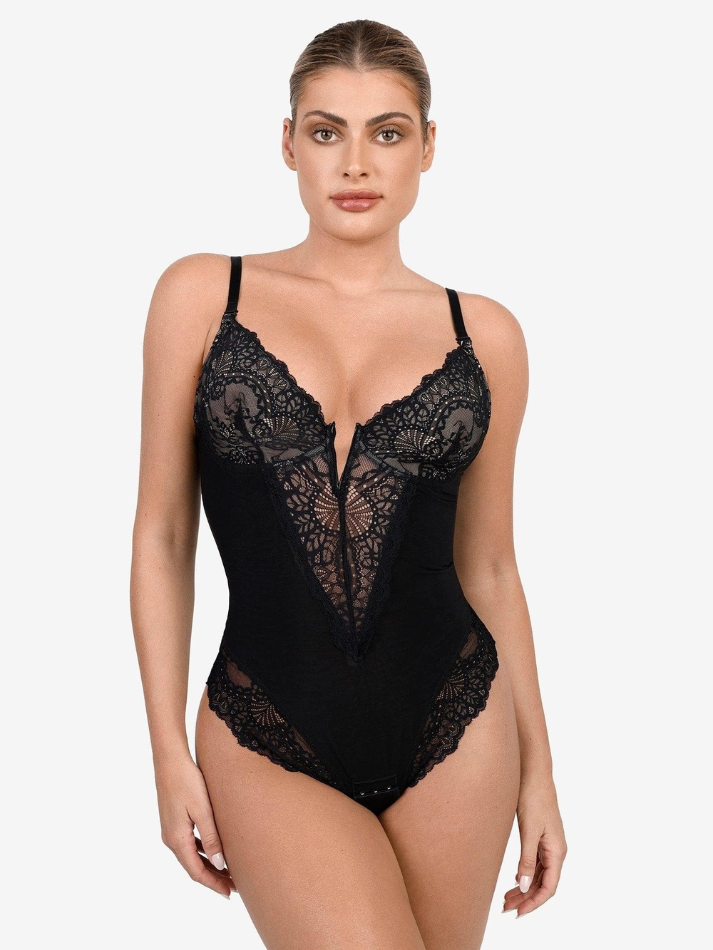 Sheer Lace Deep-V Black Bodysuit